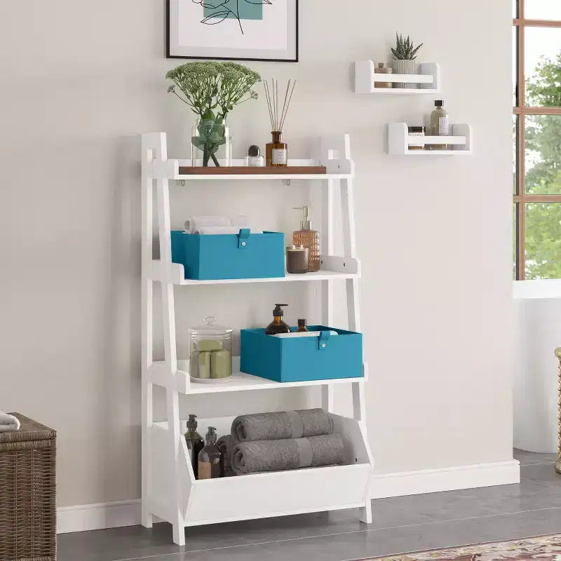 Estantería y escalera de exhibición Amery de 4 niveles y 24 pulgadas con contenedor organizador de almacenamiento blanco