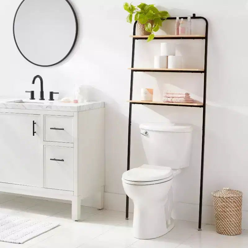 Organizador de baño de metal negro y madera para colocar sobre el inodoro, con 3 estantes fijos para ahorrar espacio