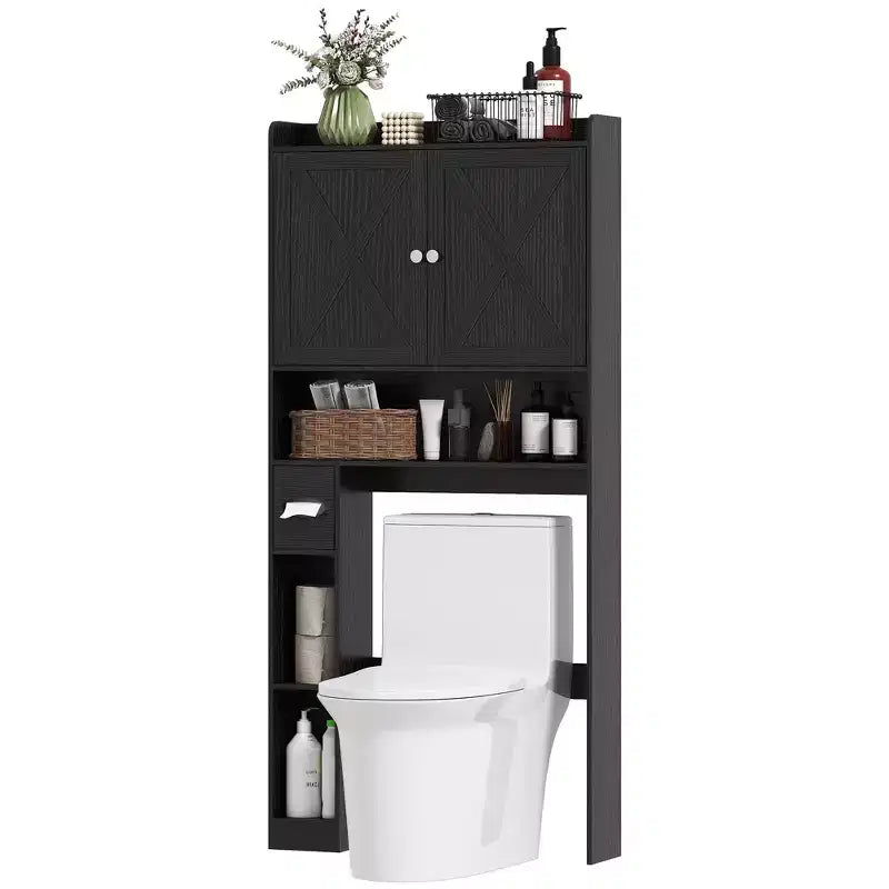 Gabinete de almacenamiento sobre el inodoro, organizador de baño estilo casa de campo sobre el inodoro con puertas de granero, estante ajustable, soporte para papel higiénico