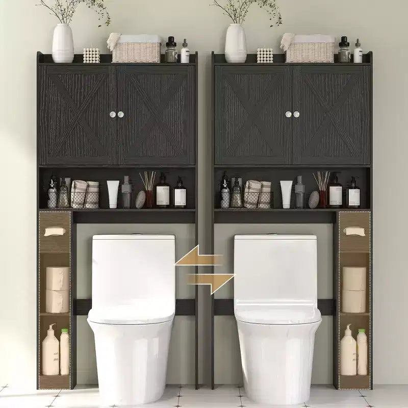 Gabinete de almacenamiento sobre el inodoro, organizador de baño estilo casa de campo sobre el inodoro con puertas de granero, estante ajustable, soporte para papel higiénico