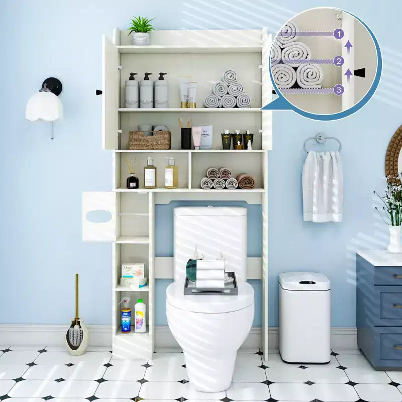 Armario de almacenamiento para encima del inodoro | Estante organizador de baño con puertas de granero, soporte para papel higiénico