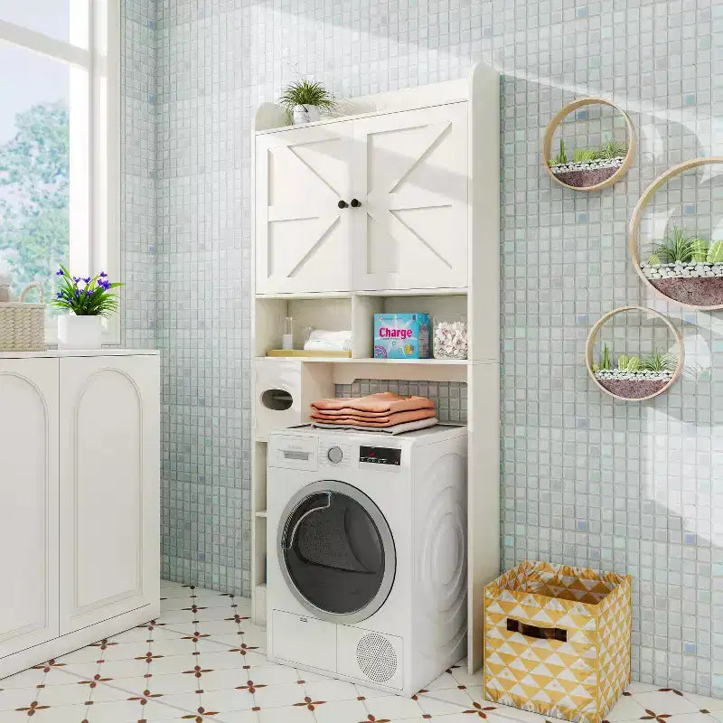 Armario de almacenamiento para encima del inodoro | Estante organizador de baño con puertas de granero, soporte para papel higiénico