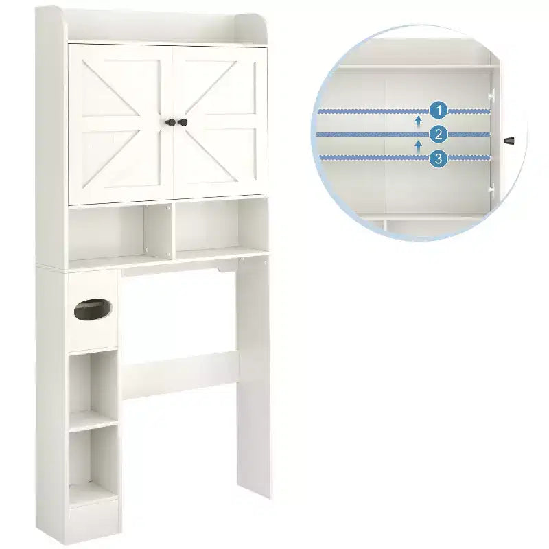 Armario de almacenamiento para encima del inodoro | Estante organizador de baño con puertas de granero, soporte para papel higiénico