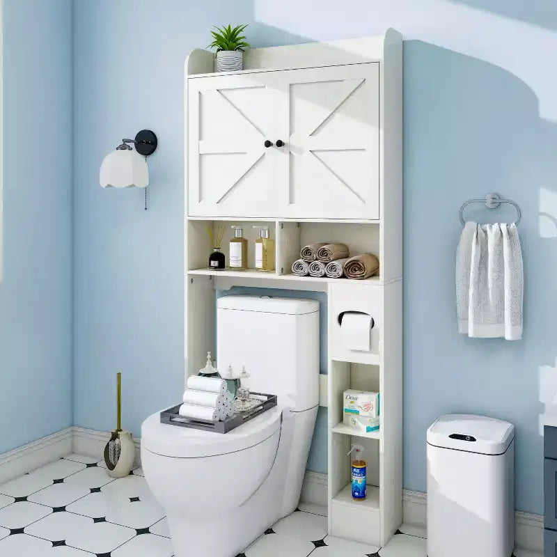 Armario de almacenamiento para encima del inodoro | Estante organizador de baño con puertas de granero, soporte para papel higiénico