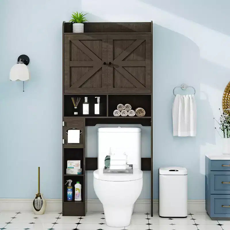 Armario de almacenamiento para encima del inodoro | Estante organizador de baño con puertas de granero, soporte para papel higiénico