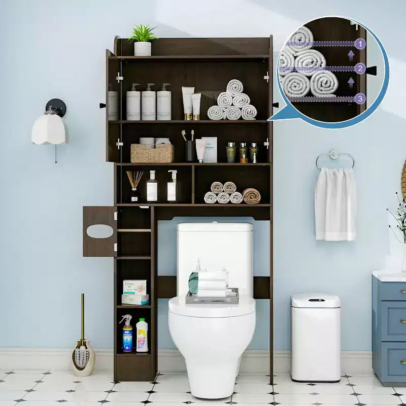 Armario de almacenamiento para encima del inodoro | Estante organizador de baño con puertas de granero, soporte para papel higiénico