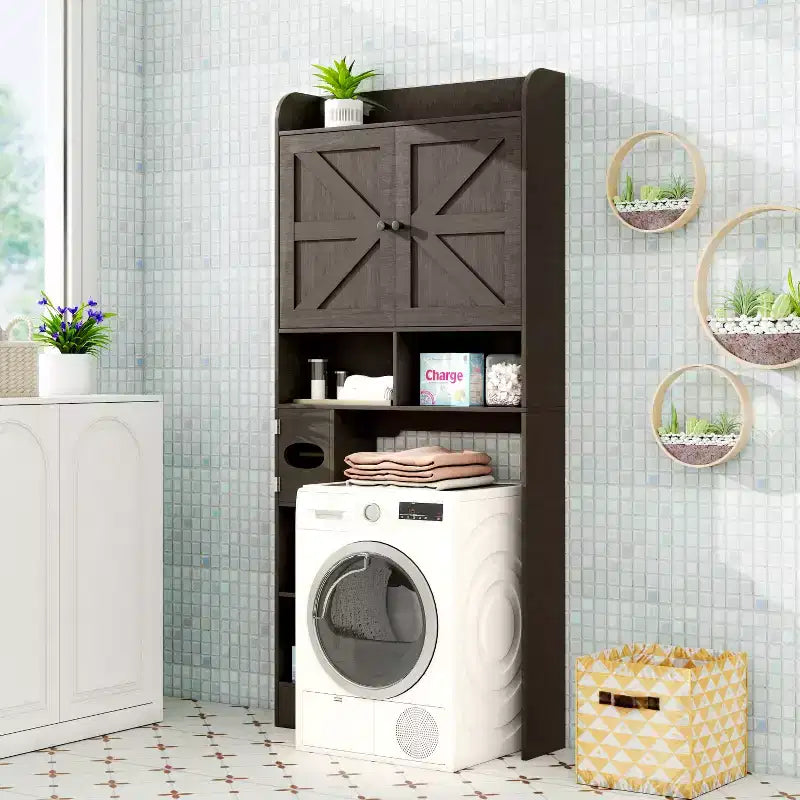 Armario de almacenamiento para encima del inodoro | Estante organizador de baño con puertas de granero, soporte para papel higiénico