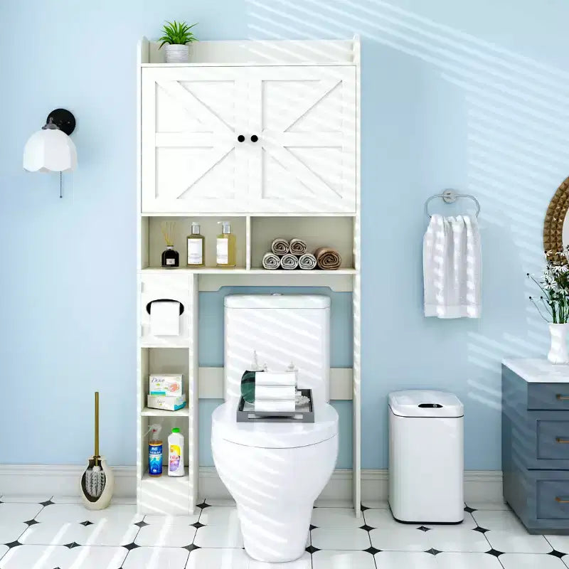 Armario de almacenamiento para encima del inodoro | Estante organizador de baño con puertas de granero, soporte para papel higiénico
