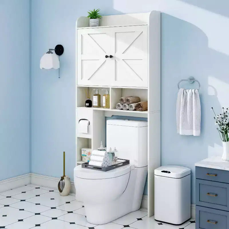 Armario de almacenamiento para encima del inodoro | Estante organizador de baño con puertas de granero, soporte para papel higiénico
