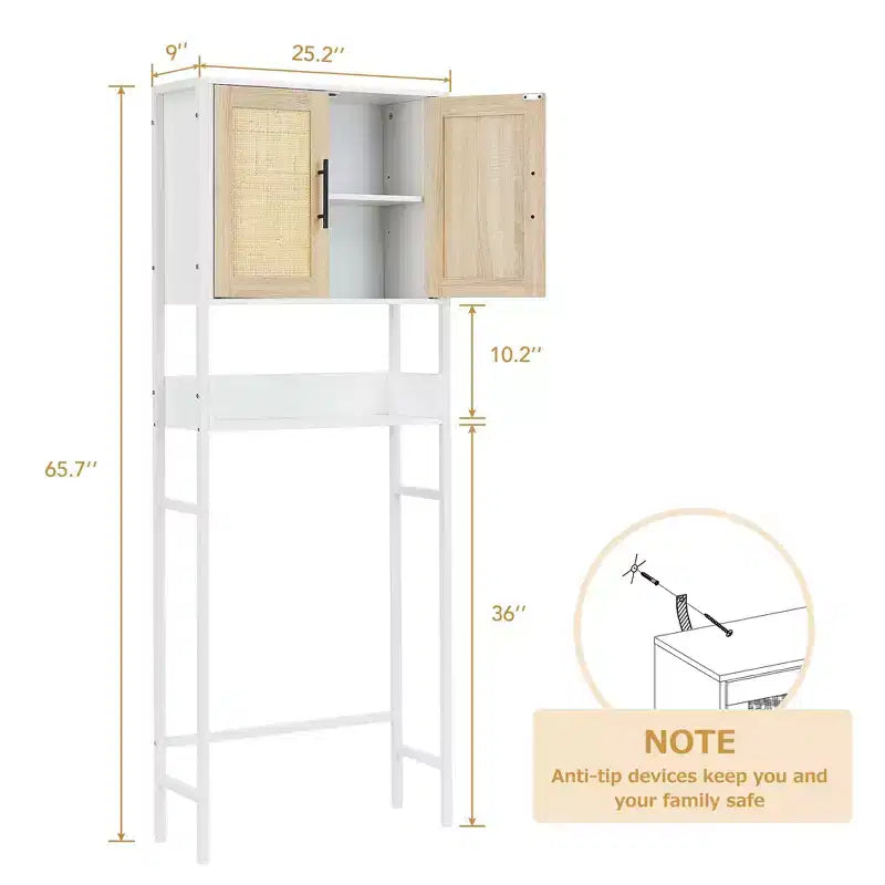 Armario de almacenamiento sobre el inodoro con estante ajustable y puertas de ratán, organizador de baño para ahorrar espacio encima del inodoro con manija de metal, blanco