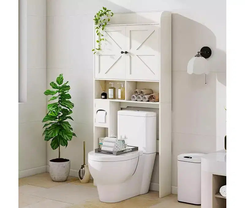 Taquilla de baño, inodoro, lavadora encima de la taquilla, con puerta corredera, portarrollos, con barra inferior ajustable