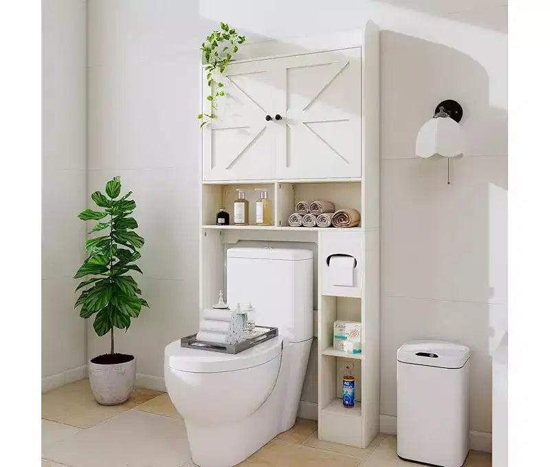 Taquilla de baño, inodoro, lavadora encima de la taquilla, con puerta corredera, portarrollos, con barra inferior ajustable