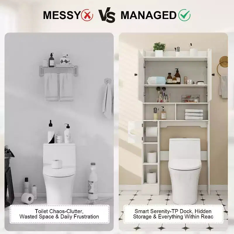 Armario de almacenamiento para colocar sobre el inodoro, organizador de baño estilo rústico que ahorra espacio con soporte para papel higiénico y estante ajustable