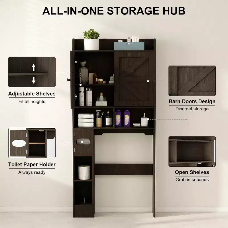 Armario de almacenamiento para colocar sobre el inodoro, organizador de baño estilo rústico que ahorra espacio con soporte para papel higiénico y estante ajustable