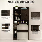 Armario de almacenamiento para colocar sobre el inodoro, organizador de baño estilo rústico que ahorra espacio con soporte para papel higiénico y estante ajustable