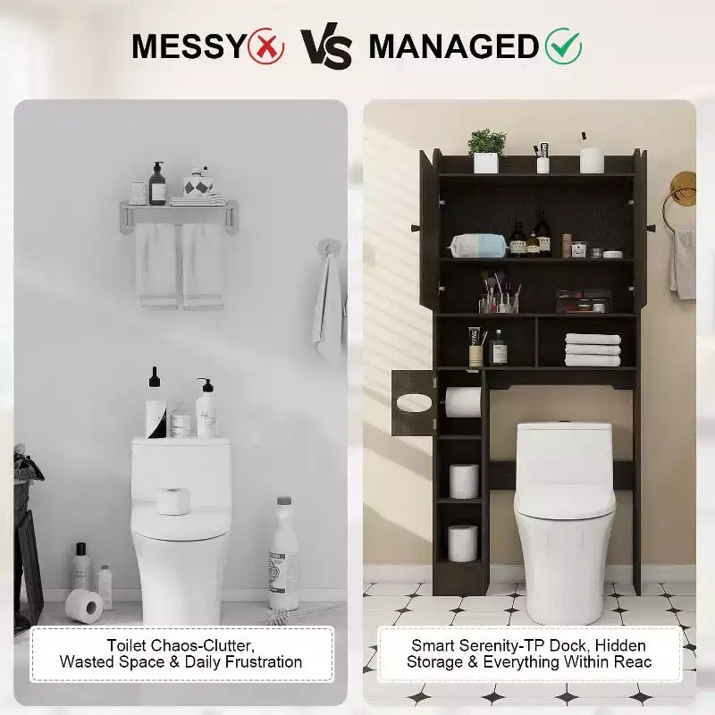 Armario de almacenamiento para colocar sobre el inodoro, organizador de baño estilo rústico que ahorra espacio con soporte para papel higiénico y estante ajustable