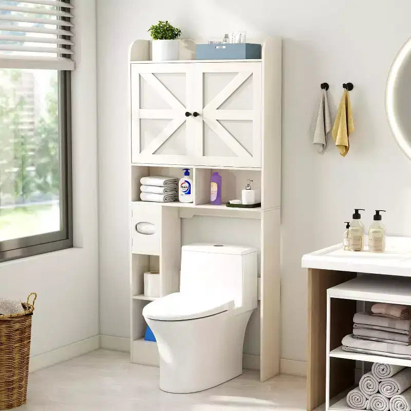 Armario de almacenamiento para colocar sobre el inodoro, organizador de baño estilo rústico que ahorra espacio con soporte para papel higiénico y estante ajustable