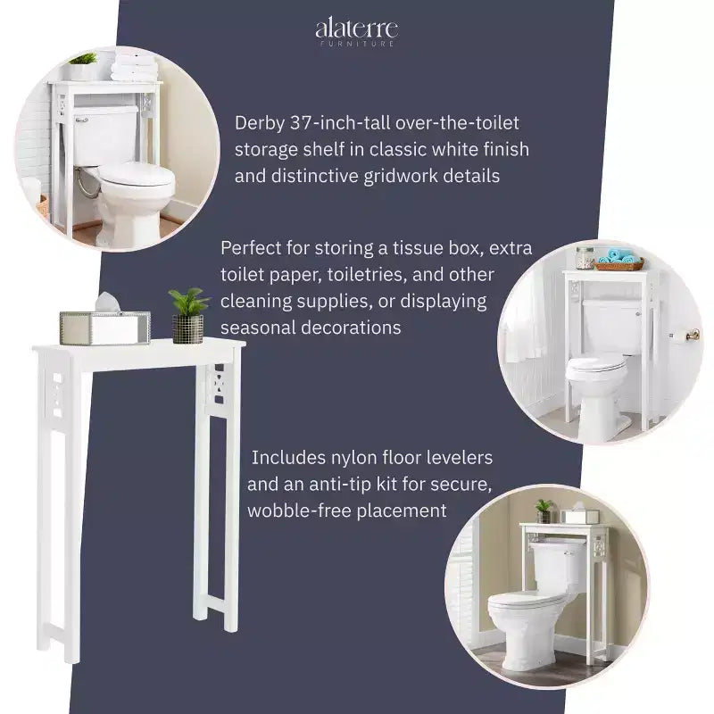 Estantería Derby para encima del inodoro, 94 cm de altura, organizador de baño que ahorra espacio, organizador moderno e independiente para artículos de tocador y toallas, blanco