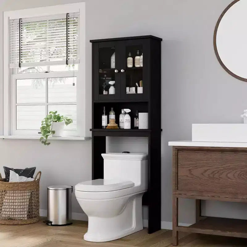 Celebalcony Over The Toilet Shelves with Double Tempered Glass Doors and Adjustable Shelf