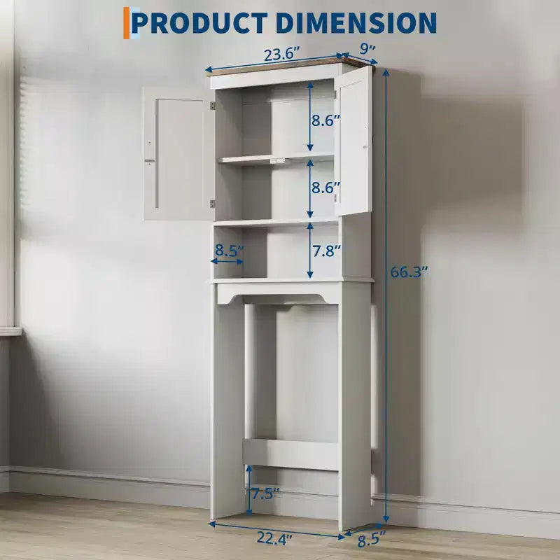 Armario de almacenamiento para colocar sobre el inodoro con soporte para papel higiénico, organizador de baño de doble puerta con estantes ajustables, estante de baño independiente, blanco