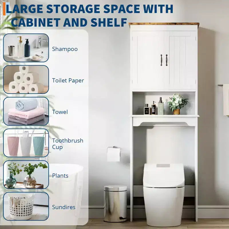 Armario de almacenamiento para colocar sobre el inodoro con soporte para papel higiénico, organizador de baño de doble puerta con estantes ajustables, estante de baño independiente, blanco