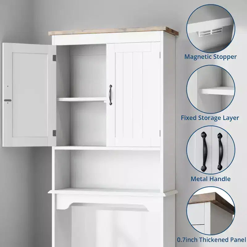 Armario de almacenamiento para colocar sobre el inodoro con soporte para papel higiénico, organizador de baño de doble puerta con estantes ajustables, estante de baño independiente, blanco
