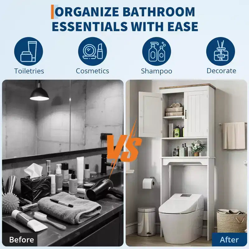 Armario de almacenamiento para colocar sobre el inodoro con soporte para papel higiénico, organizador de baño de doble puerta con estantes ajustables, estante de baño independiente, blanco