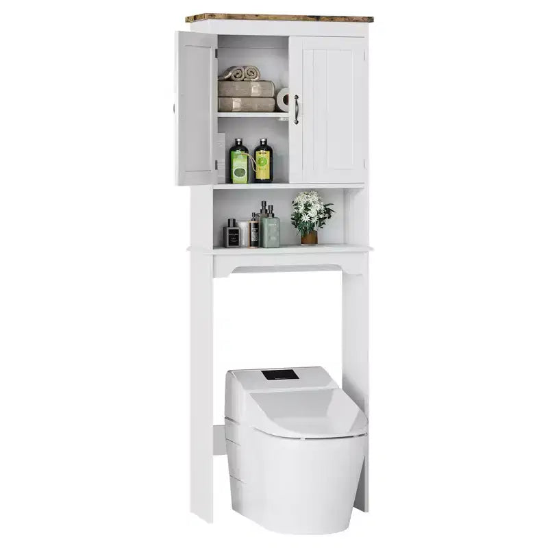 Armario de almacenamiento para colocar sobre el inodoro con soporte para papel higiénico, organizador de baño de doble puerta con estantes ajustables, estante de baño independiente, blanco