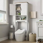 Armario de almacenamiento para colocar sobre el inodoro con soporte para papel higiénico, organizador de baño de doble puerta con estantes ajustables, estante de baño independiente, blanco