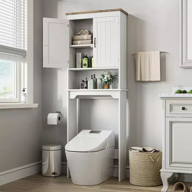 Armario de almacenamiento para colocar sobre el inodoro con soporte para papel higiénico, organizador de baño de doble puerta con estantes ajustables, estante de baño independiente, blanco