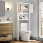 Armario de almacenamiento para colocar sobre el inodoro con soporte para papel higiénico, organizador de baño de doble puerta con estantes ajustables, estante de baño independiente, blanco