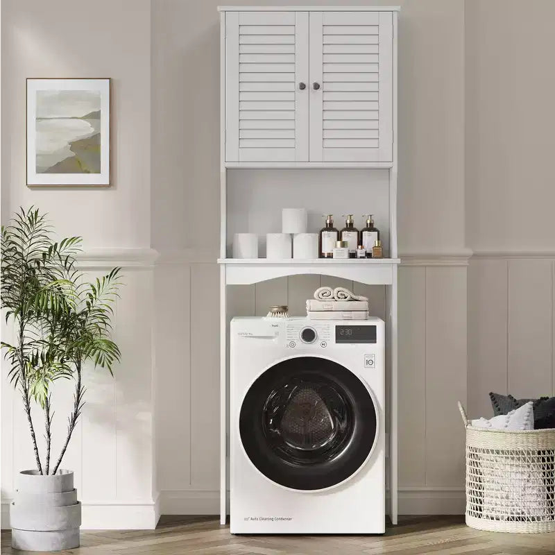 Armario de almacenamiento para colocar sobre el inodoro con soporte para papel higiénico, organizador de baño de doble puerta con estantes ajustables, estante de baño independiente, blanco