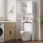 Armario de almacenamiento para colocar sobre el inodoro con soporte para papel higiénico, organizador de baño de doble puerta con estantes ajustables, estante de baño independiente, blanco