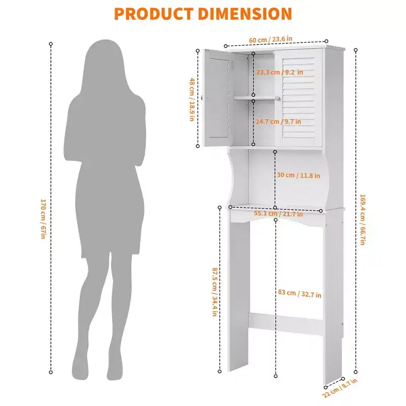 Armario de almacenamiento para colocar sobre el inodoro con soporte para papel higiénico, organizador de baño de doble puerta con estantes ajustables, estante de baño independiente, blanco