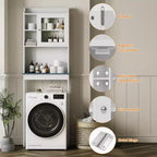 Armario de almacenamiento para colocar sobre el inodoro con soporte para papel higiénico, organizador de baño de doble puerta con estantes ajustables, estante de baño independiente, blanco