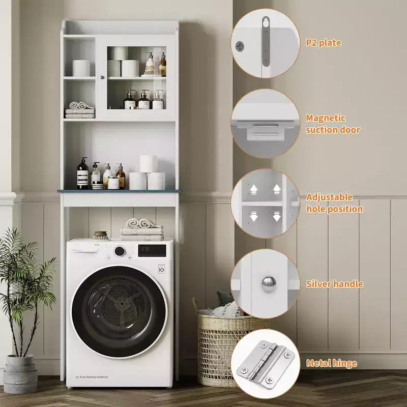 Armario de almacenamiento para colocar sobre el inodoro con soporte para papel higiénico, organizador de baño de doble puerta con estantes ajustables, estante de baño independiente, blanco