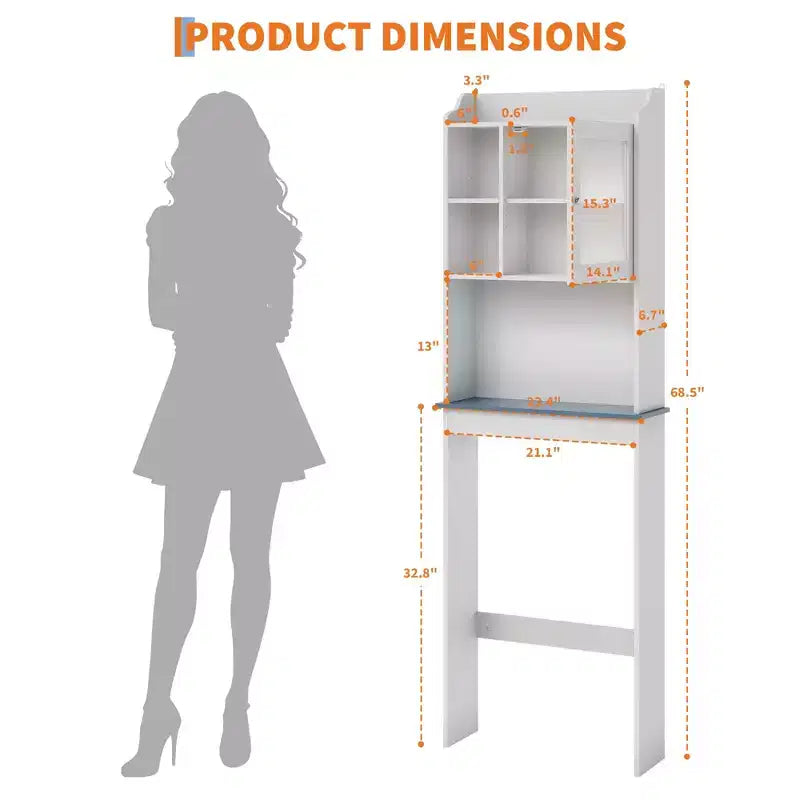 Armario de almacenamiento para colocar sobre el inodoro con soporte para papel higiénico, organizador de baño de doble puerta con estantes ajustables, estante de baño independiente, blanco