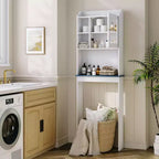 Armario de almacenamiento para colocar sobre el inodoro con soporte para papel higiénico, organizador de baño de doble puerta con estantes ajustables, estante de baño independiente, blanco
