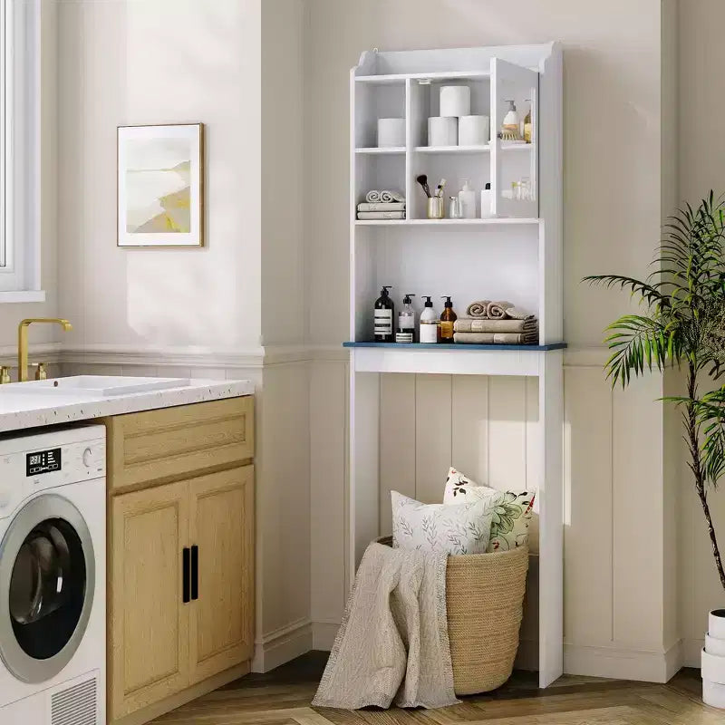 Armario de almacenamiento para colocar sobre el inodoro con soporte para papel higiénico, organizador de baño de doble puerta con estantes ajustables, estante de baño independiente, blanco