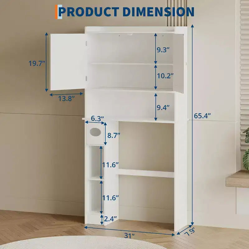 Armario de almacenamiento para colocar sobre el inodoro con soporte para papel higiénico, organizador de baño de doble puerta con estantes ajustables, estante de baño independiente, blanco