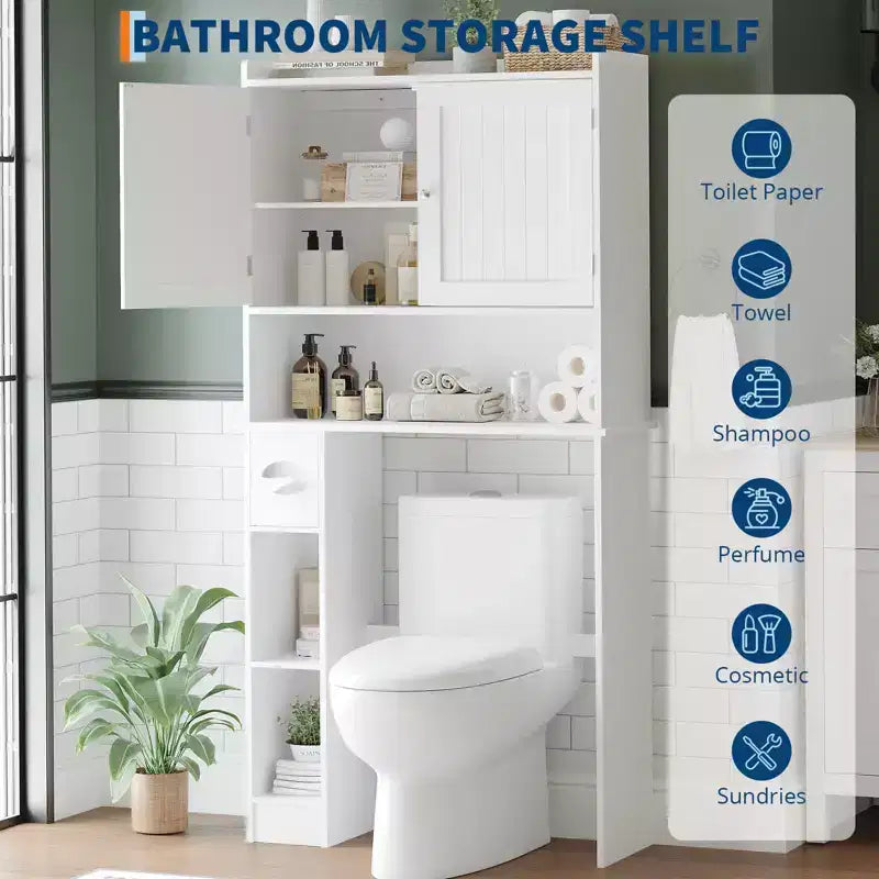 Armario de almacenamiento para colocar sobre el inodoro con soporte para papel higiénico, organizador de baño de doble puerta con estantes ajustables, estante de baño independiente, blanco