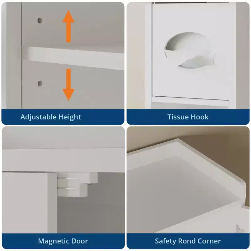 Armario de almacenamiento para colocar sobre el inodoro con soporte para papel higiénico, organizador de baño de doble puerta con estantes ajustables, estante de baño independiente, blanco