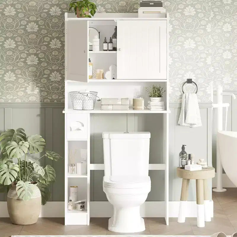 Armario de almacenamiento para colocar sobre el inodoro con soporte para papel higiénico, organizador de baño de doble puerta con estantes ajustables, estante de baño independiente, blanco