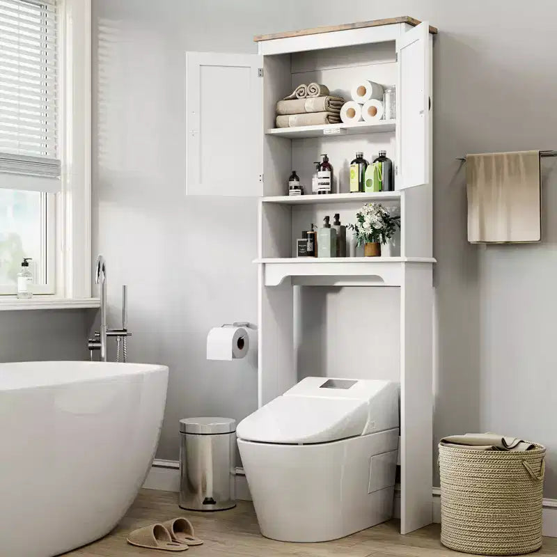 Armario de almacenamiento para colocar sobre el inodoro con soporte para papel higiénico, organizador de baño de doble puerta con estantes ajustables, estante de baño independiente, blanco