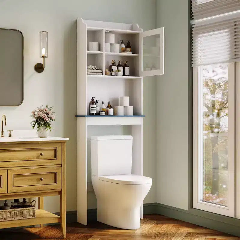 Armario de almacenamiento para colocar sobre el inodoro con soporte para papel higiénico, organizador de baño de doble puerta con estantes ajustables, estante de baño independiente, blanco