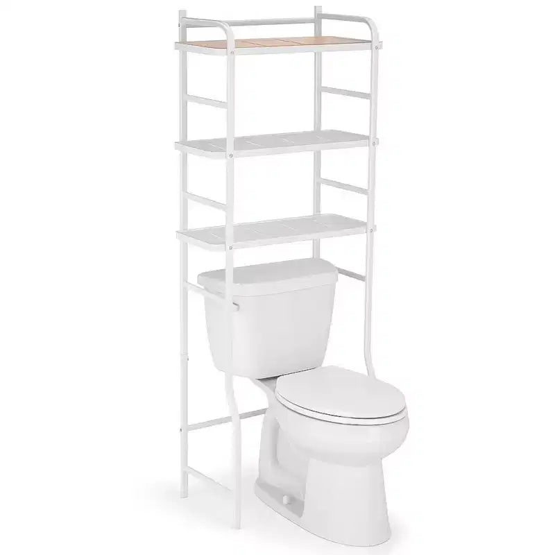 Home Zone Living Over-the-Toilet 3-Tier Storage Organizer with Bamboo Accent and Steel Frame, Freestanding Bathroom Shelf, White