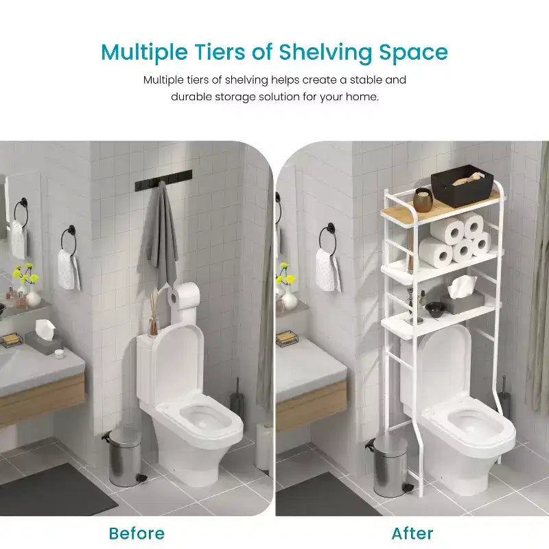 Organizador de almacenamiento de 3 niveles para inodoro con detalles de bambú y estructura de acero, estante de baño independiente, blanco