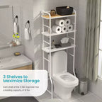 Organizador de almacenamiento de 3 niveles para inodoro con detalles de bambú y estructura de acero, estante de baño independiente, blanco