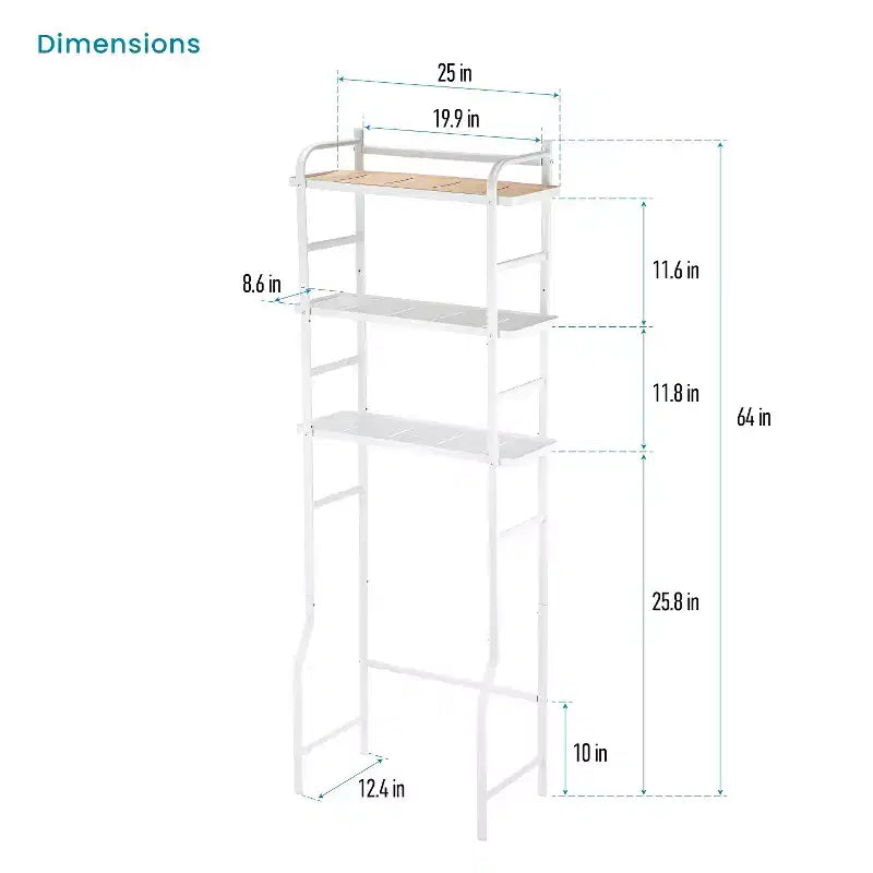 Organizador de almacenamiento de 3 niveles para inodoro con detalles de bambú y estructura de acero, estante de baño independiente, blanco