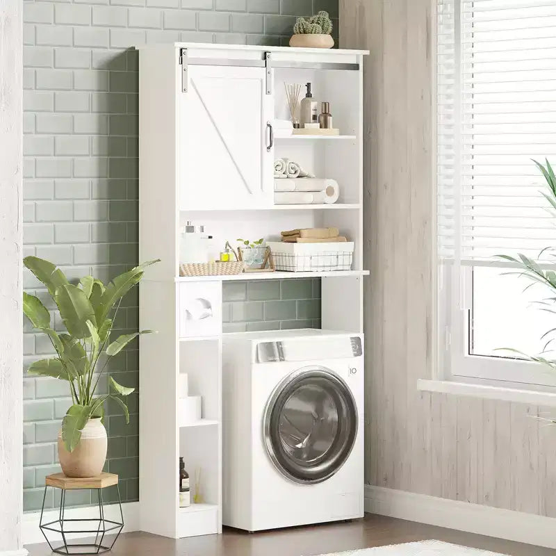 Armario de almacenamiento para colocar sobre el inodoro con puerta corrediza de granero, estante organizador de baño con repisa ajustable y soporte para papel higiénico para baño